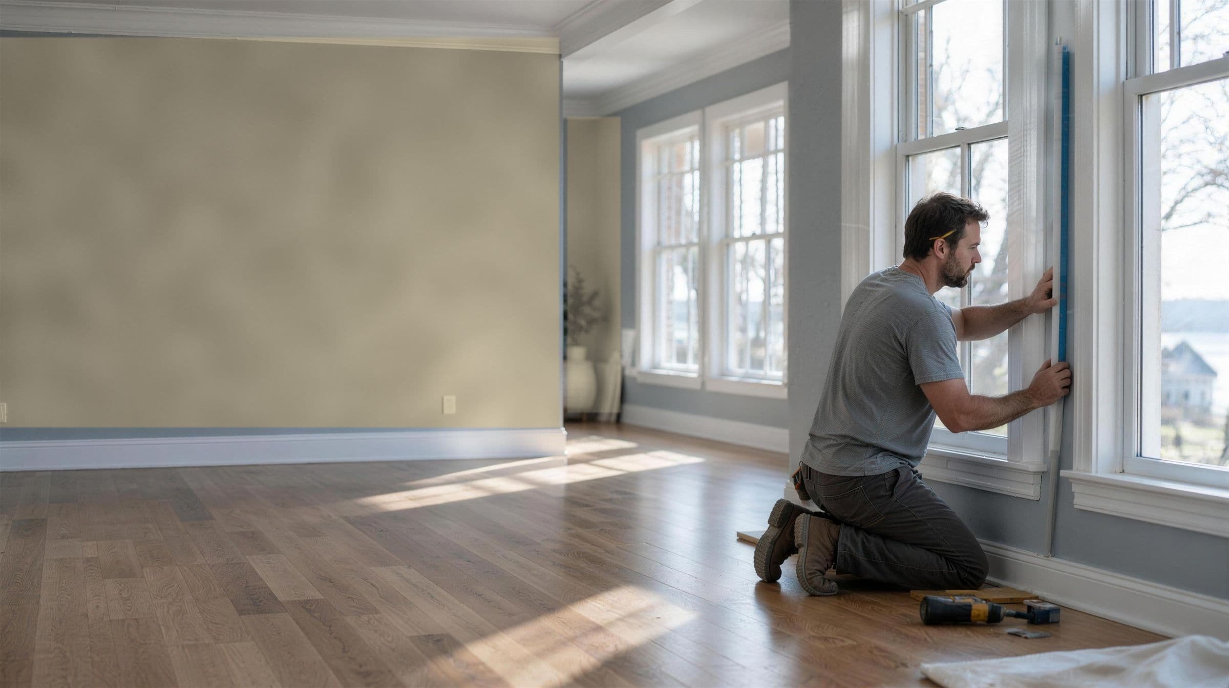 Empty room with a dull beige wall and a carpenter fitting window trim