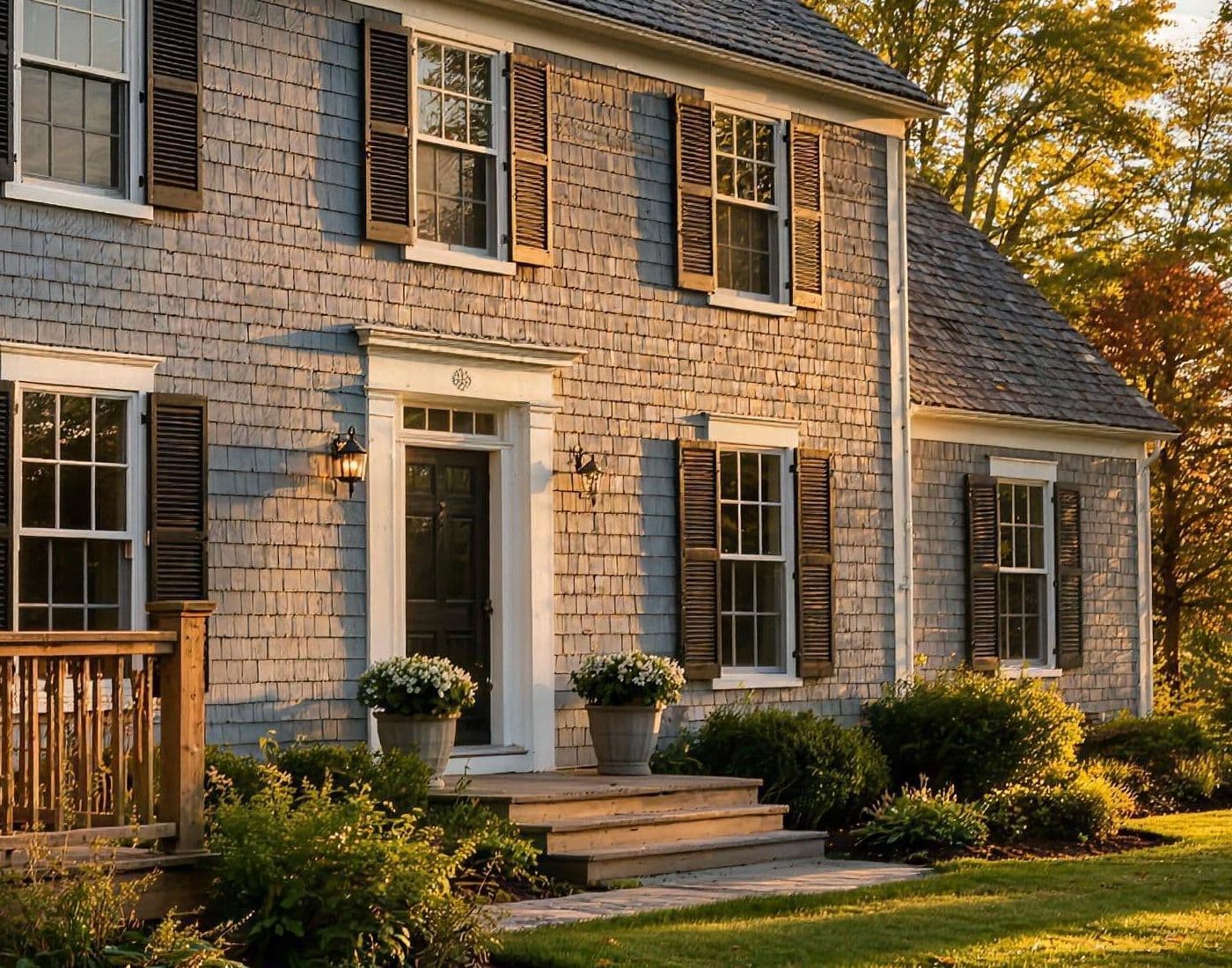Colonial front door with shutters and painted white trim