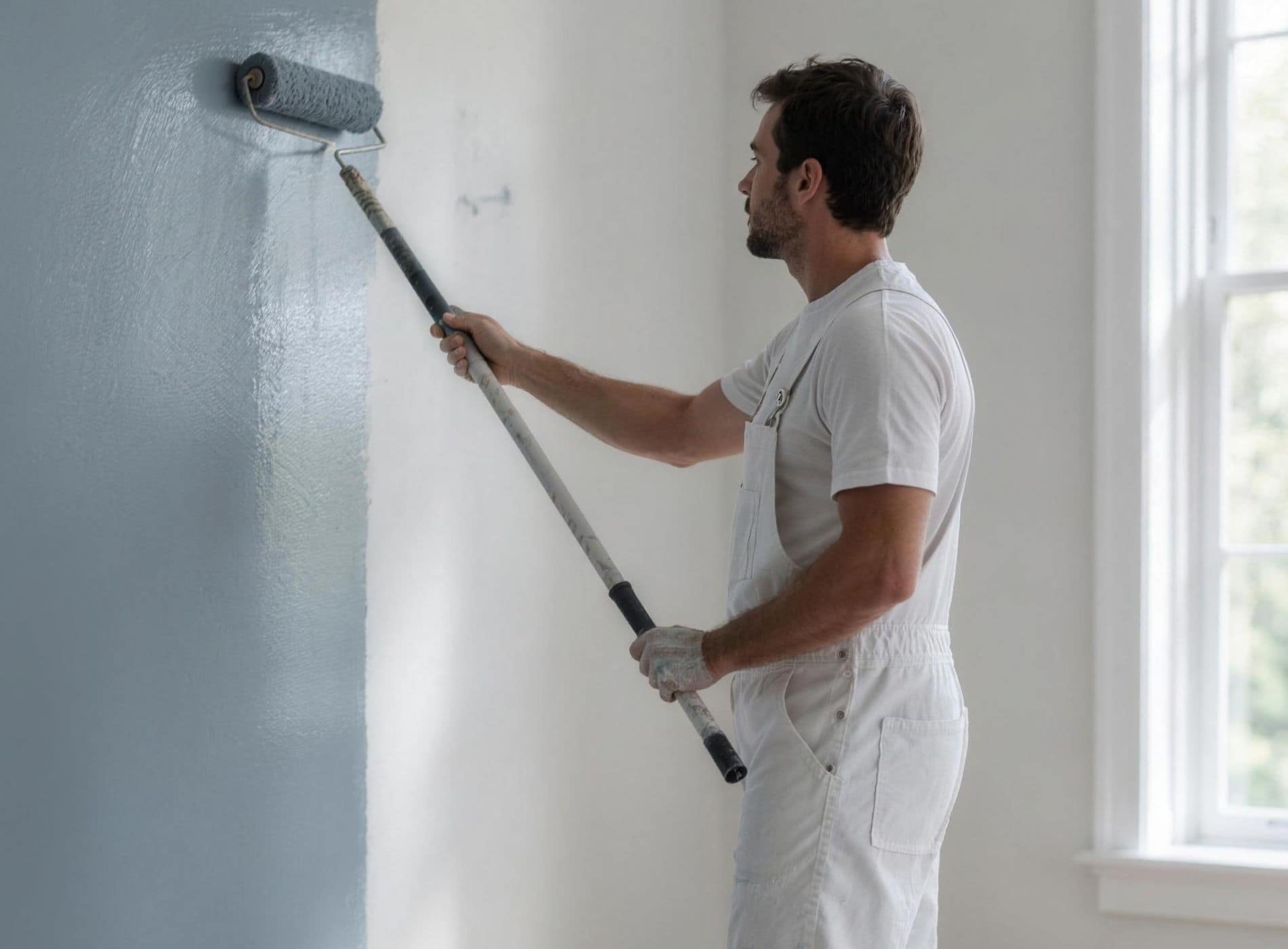Painter rolling blue-gray paint on a wall