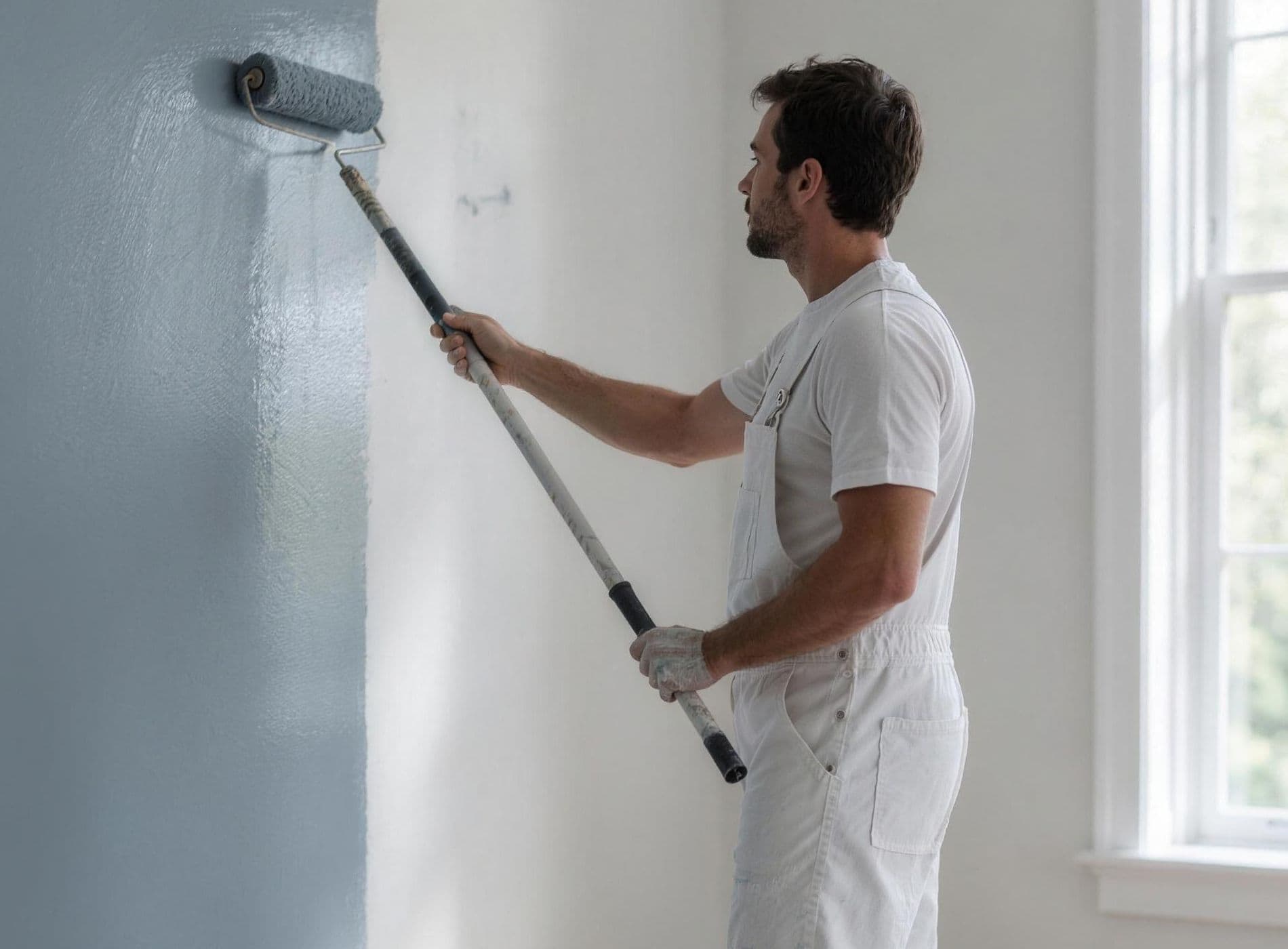 Painter rolling blue-gray paint on a wall