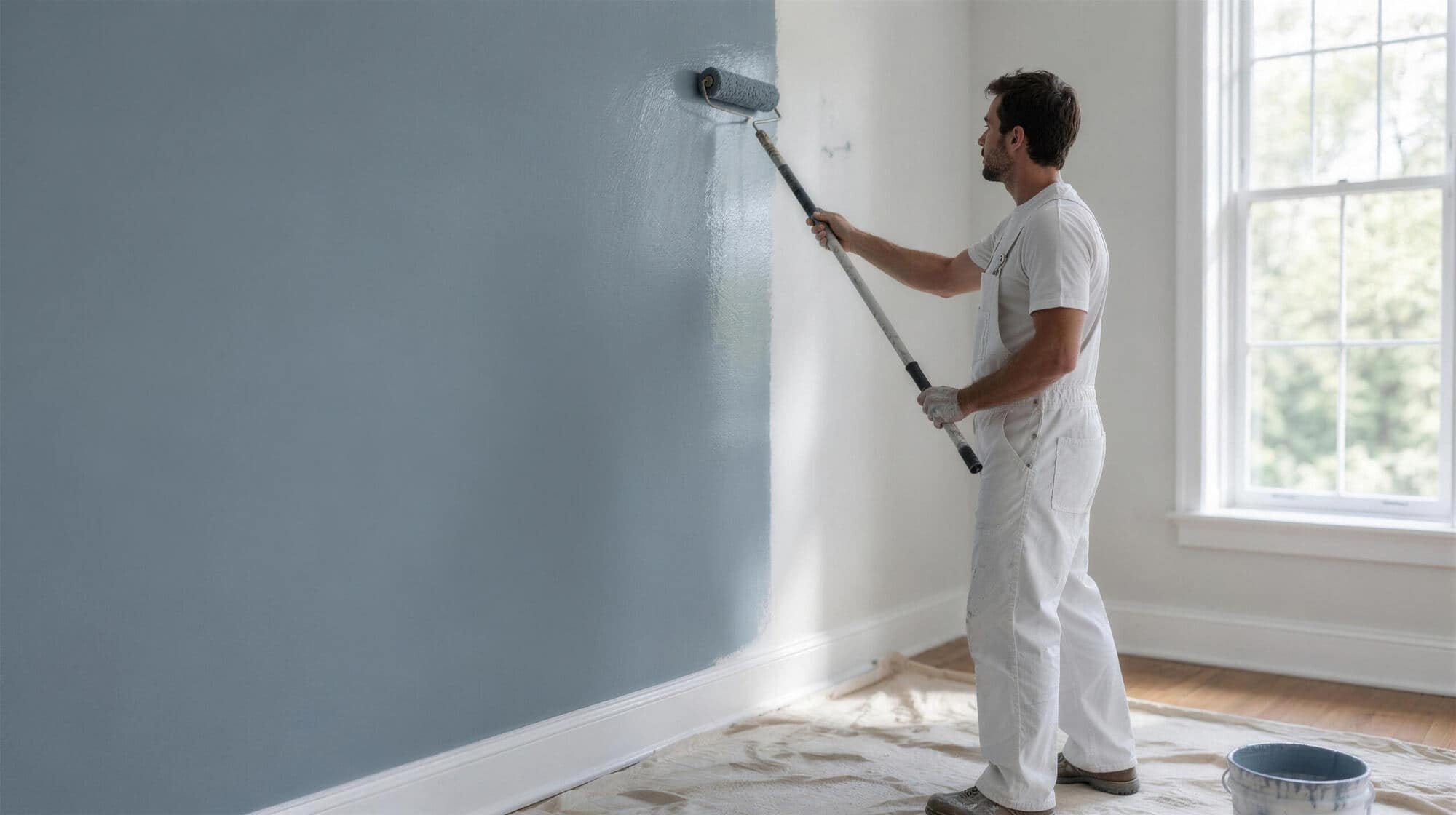 Painter rolling a blue-gray wall next to a bright window