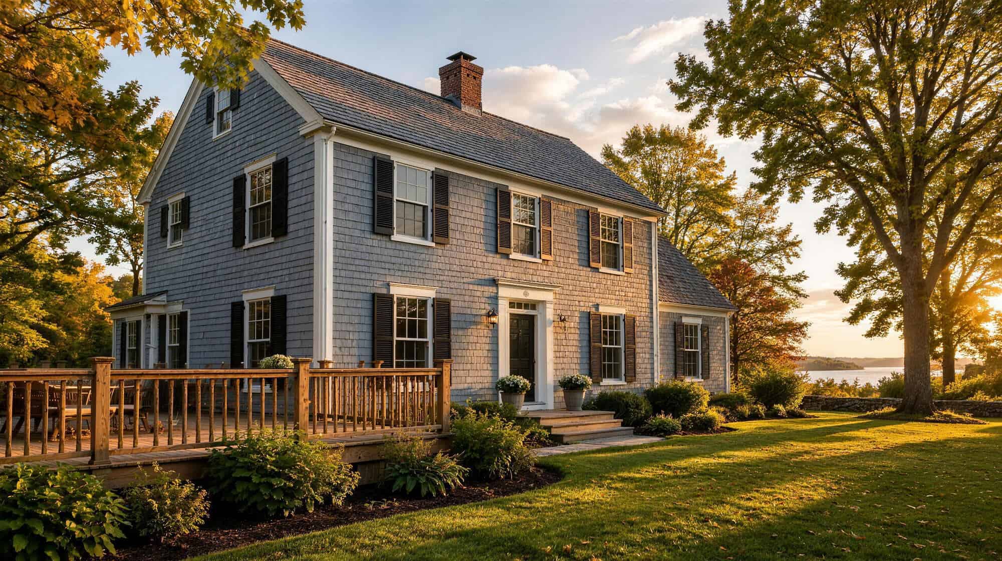 Gray shingled colonial house with black shutters in warm evening light