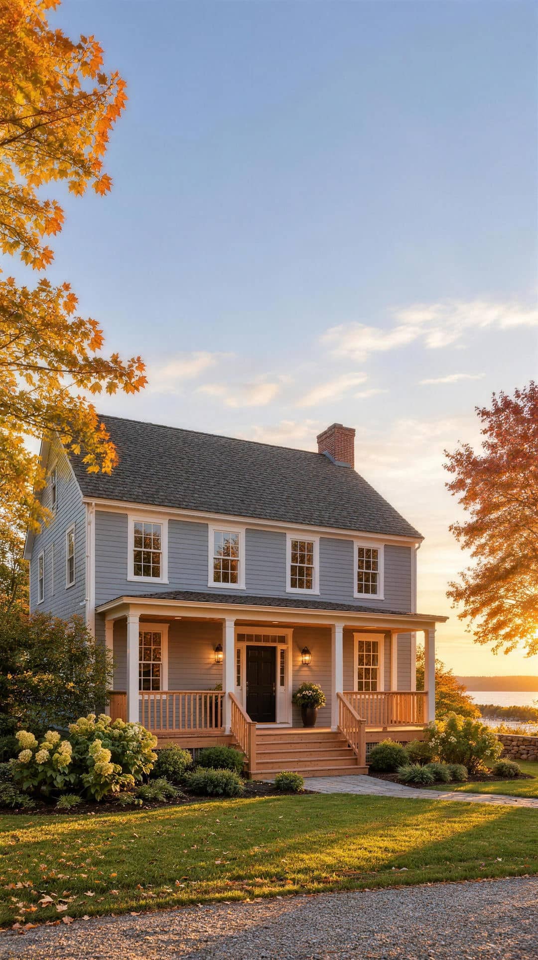 Gray colonial house with a front porch at sunset