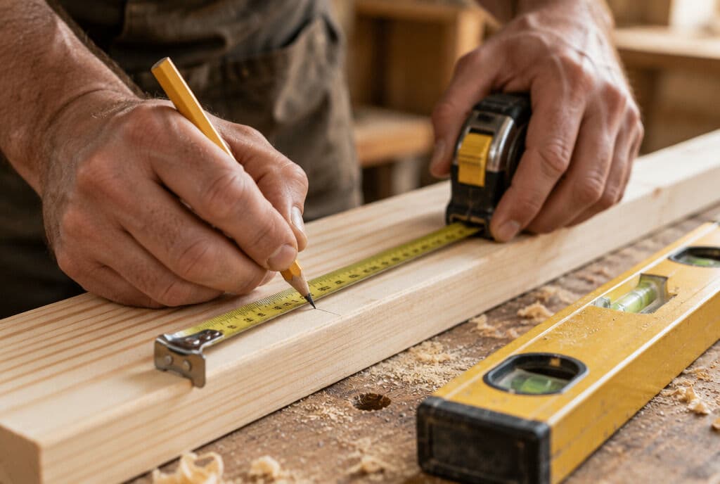 Hands marking a board with a pencil, tape measure and level