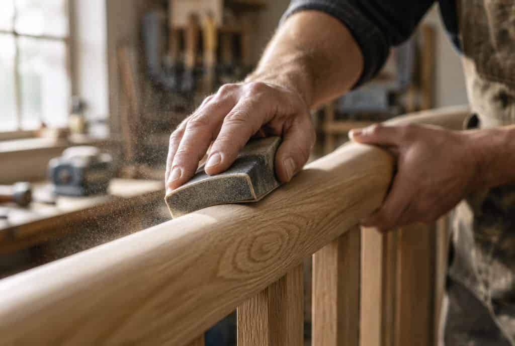 Hands sanding an oak handrail by hand
