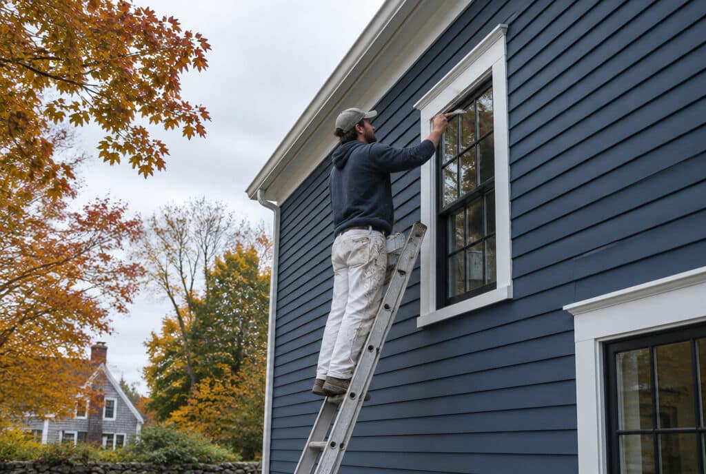 Painter on a ladder at the window trim of a navy house