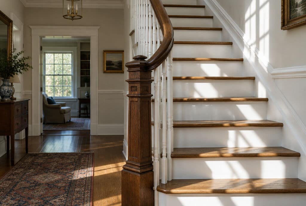 Staircase with a turned newel post and white balusters